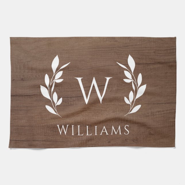 Wood Wreath Initial Monogram Last Name Tea Towel (Horizontal)