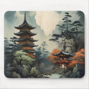 Woodblock Asian Houses Mouse Pad