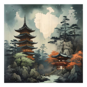Woodblock Asian Houses Photo Print