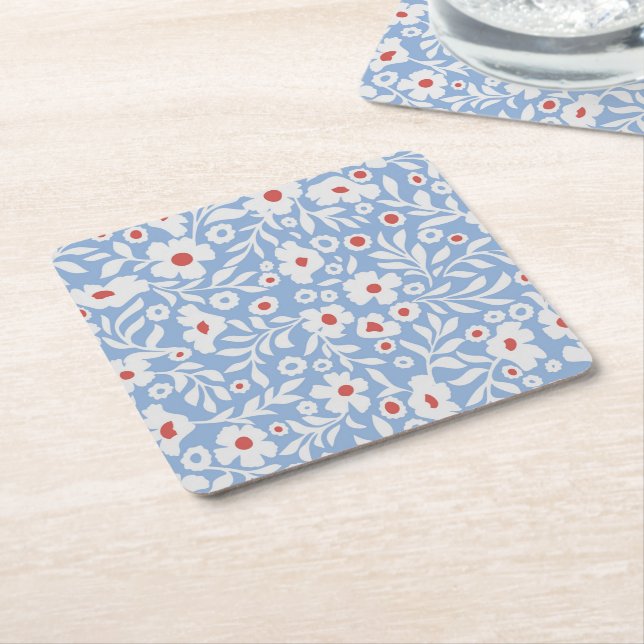 Woodblock Floral Pattern Square Paper Coaster (Angled)