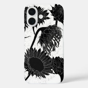 Woodblock Print Sunflower black & white iPhone 16 Case