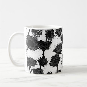 Woodblock Print Sunflower black & white Coffee Mug