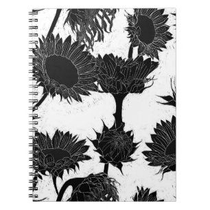 Woodblock Print Sunflower black & white Notebook