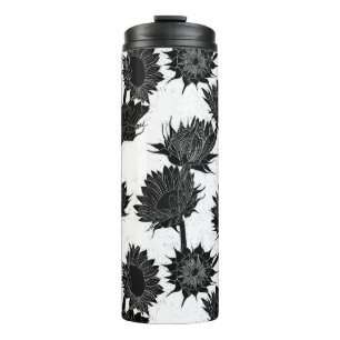 Woodblock Print Sunflower black & white Thermal Tumbler