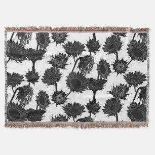 Woodblock Print Sunflower black & white Throw Blanket
