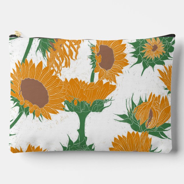 Woodblock Print Sunflower orange Accessory Pouch (Front)