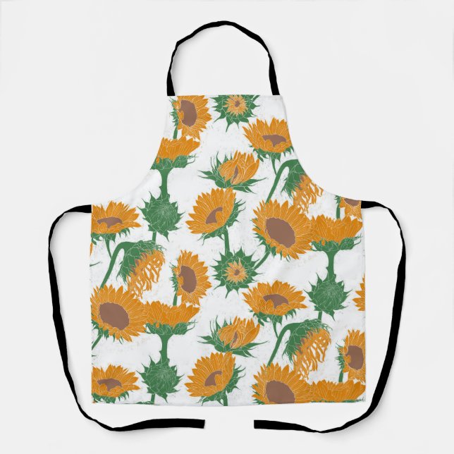 Woodblock Print Sunflower orange Apron (Front)