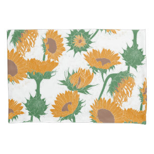 Woodblock Print Sunflower orange Pillowcase
