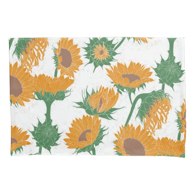 Woodblock Print Sunflower orange Pillowcase (Front-Left)