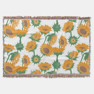 Woodblock Print Sunflower orange Throw Blanket