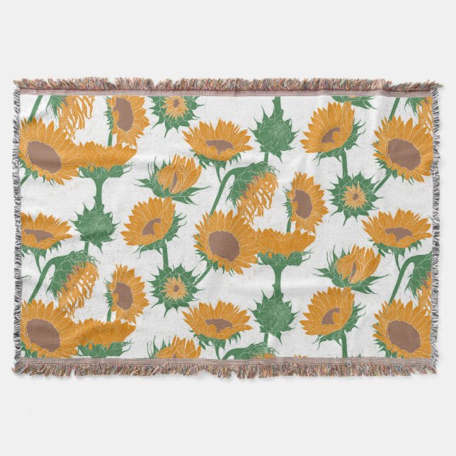 Woodblock Print Sunflower orange Throw Blanket (Front)