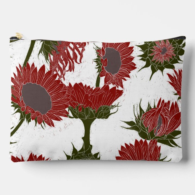 Woodblock Print Sunflower red Accessory Pouch (Front)