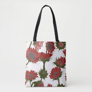 Woodblock Print Sunflower red Tote Bag