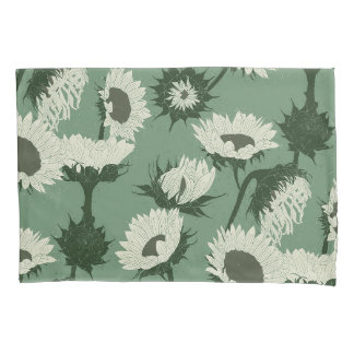 Woodblock Print Sunflower white Pillowcase