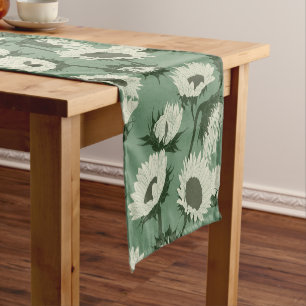 Woodblock Print Sunflower white Short Table Runner