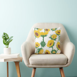 Woodblock Print Sunflower yellow Cushion