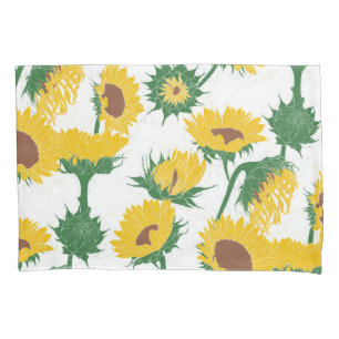 Woodblock Print Sunflower yellow Pillowcase