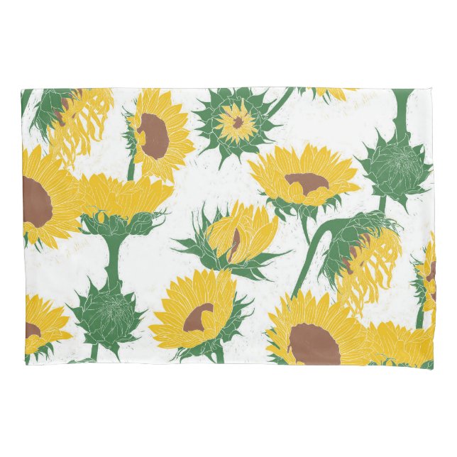 Woodblock Print Sunflower yellow Pillowcase (Front-Left)