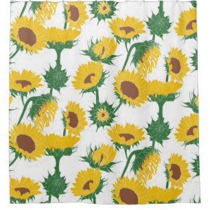 Woodblock Print Sunflower yellow Shower Curtain
