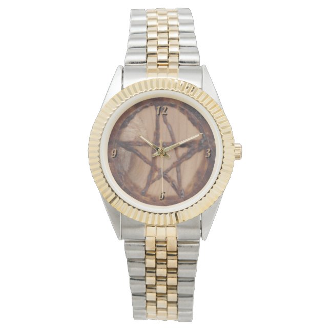 Woodburned Pentacle Primitive Witch Wiccan Pagan Watch (Front)