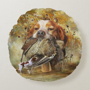 Woodcock hunting with Brittany Spaniel Round Cushion