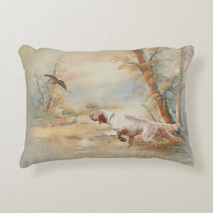 Woodcock Hunting with English Setter in forest, Ar Decorative Cushion