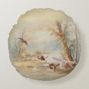 Woodcock Hunting with English Setter in forest, Ar Round Cushion