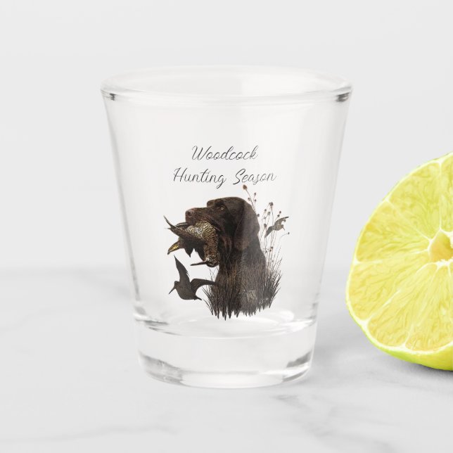 Woodcock Hunting with German Wirehaired Pointer   Shot Glass (Front)