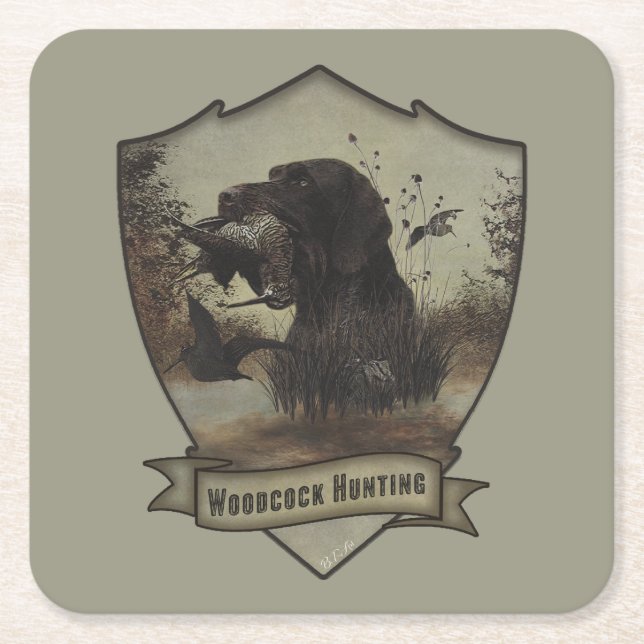 Woodcock Hunting with German Wirehaired Pointer    Square Paper Coaster (Front)