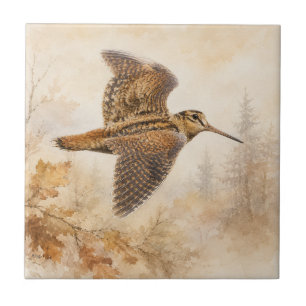 Woodcock in Flight , Autumn Woodland Nature Art Ceramic Tile