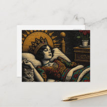 Woodcut Queen and Her Cat in Bed