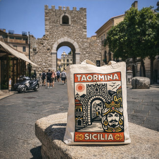 Woodcut Red Yellow Taormina Sicily Porta Messina Tote Bag