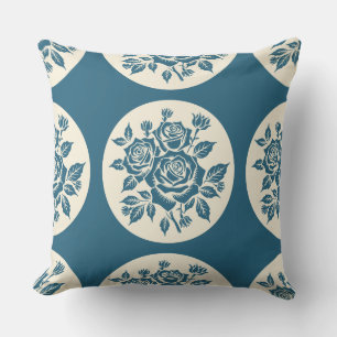 Woodcut Rose Bouquet Locket Cream Navy Cushion