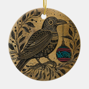 Woodcut Style Christmas Raven with Colour Ornament
