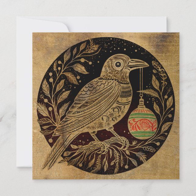 Woodcut Style Christmas Raven with Ornament Holiday Card (Front)