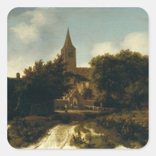Wooded Landscape with Figures near a Church Square Sticker
