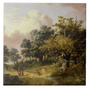 Wooded Landscape with Woman and Child Walking Down Ceramic Tile