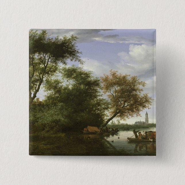 Wooded river landscape 15 cm square badge (Front)