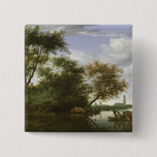 Wooded river landscape 15 cm square badge