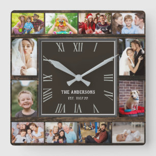 Wooden 12 family photo collage roman numerals square wall clock