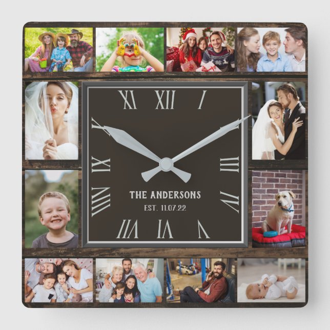 Wooden 12 family photo collage roman numerals  square wall clock (Front)