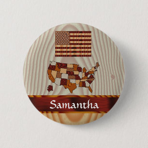 Wooden American flag and map 6 Cm Round Badge