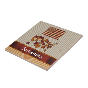 Wooden American flag and map Ceramic Tile