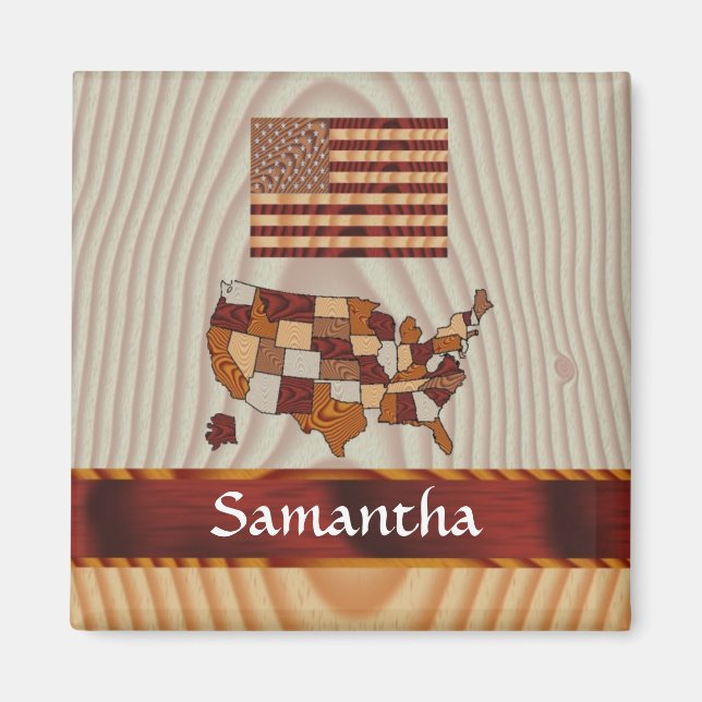 Wooden American flag and map Magnet (Front)