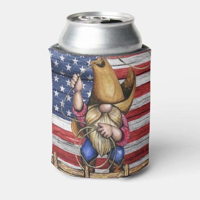 Wooden American Flag With Cowboy Gnome Can Cooler (Can Back)