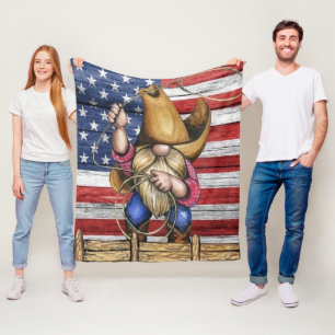 Wooden American Flag With Cowboy Gnome Fleece Blanket