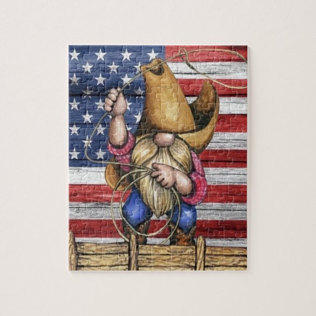 Wooden American Flag With Cowboy Gnome Jigsaw Puzzle (Vertical)