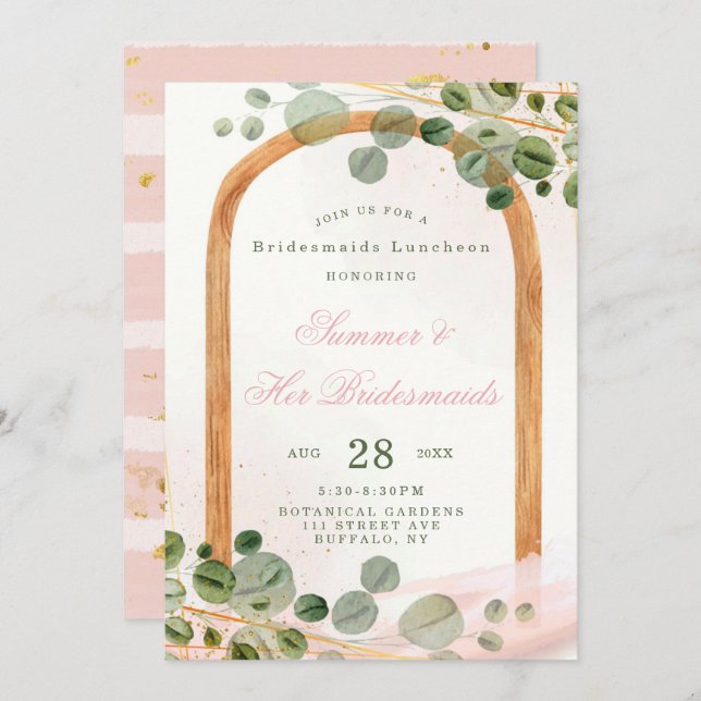 Wooden Arch Pink Eucalyptus Bridesmaids Luncheon Invitation (Front/Back)