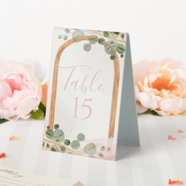 Wooden Arch Pink Eucalyptus Wedding Table Number (In SItu (Wedding))