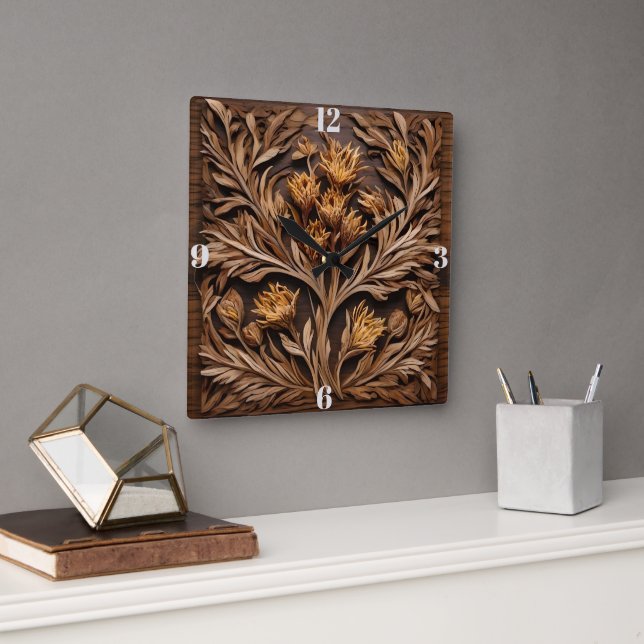 Wooden Australian Kangaroo Paw Flower Carving, Square Wall Clock (Office)